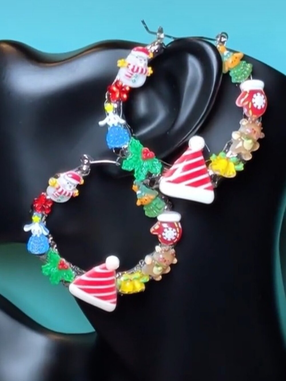 Hand Crafted Red & Green Holiday Hoop Earrings with Festive Charms